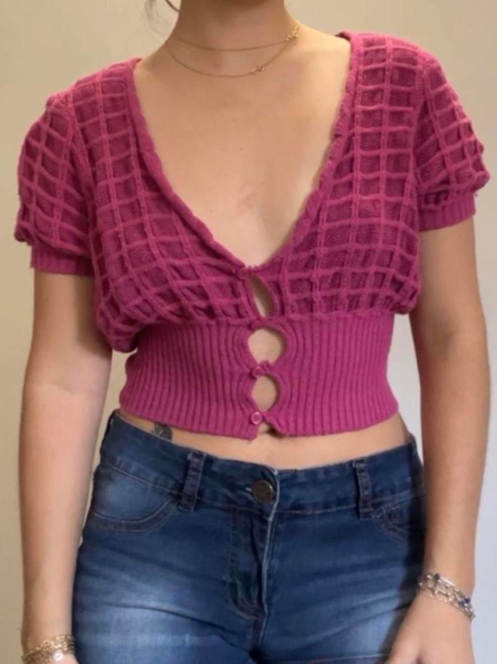 Urban Outfitters Women's Size Small Short Sleeve Cropped Cardigan Magenta Pink